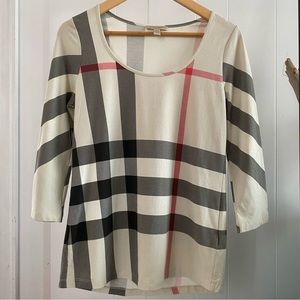 Burberry Brit Nova Check 3/4 Sleeve Top Shirt Tan Cotton Scoop Neck Patterned